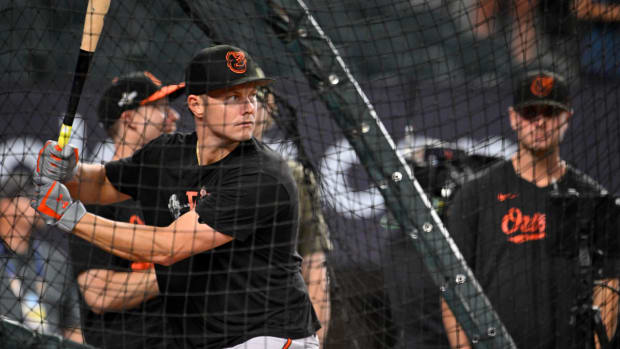 Oct 10, 2023; Arlington, Texas, USA; Baltimore Orioles first baseman Ryan Mountcastle (6) warms up before game three against the Texas Rangers in the ALDS for the 2023 MLB playoffs at Globe Life Field.
